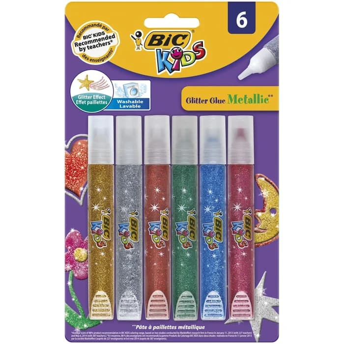 BIC Kids - Lot de 6 Tubes de Colle à Paillettes Métallisées