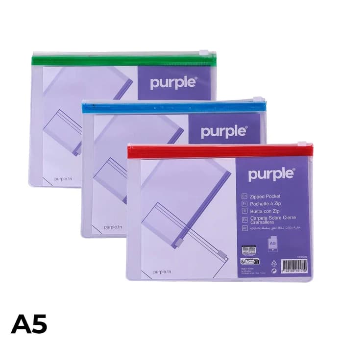 Pochette Zip Purple A5 – Transparente – Coloris Assortis