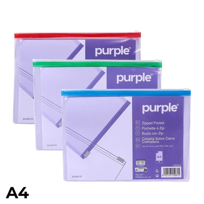 Pochette Zip Purple A4 – Transparente – Coloris Assortis