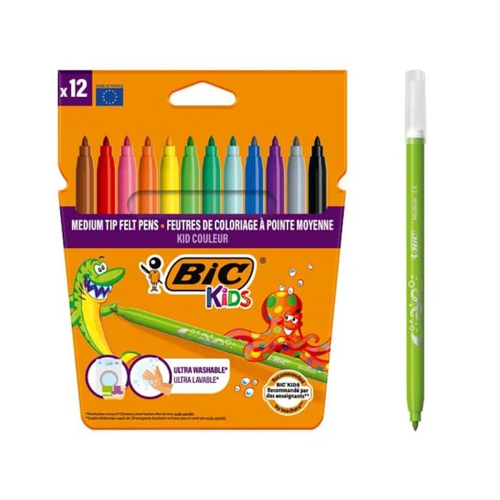 Feutres BIC Kids 12 Couleurs Pointe Moyenne Ultra Lavables