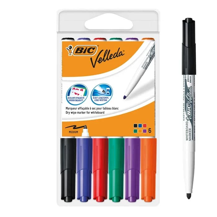 BIC VELLEDA 1741 - Pack de 6 marqueurs effaçables - pointe ogive - couleurs assorties
